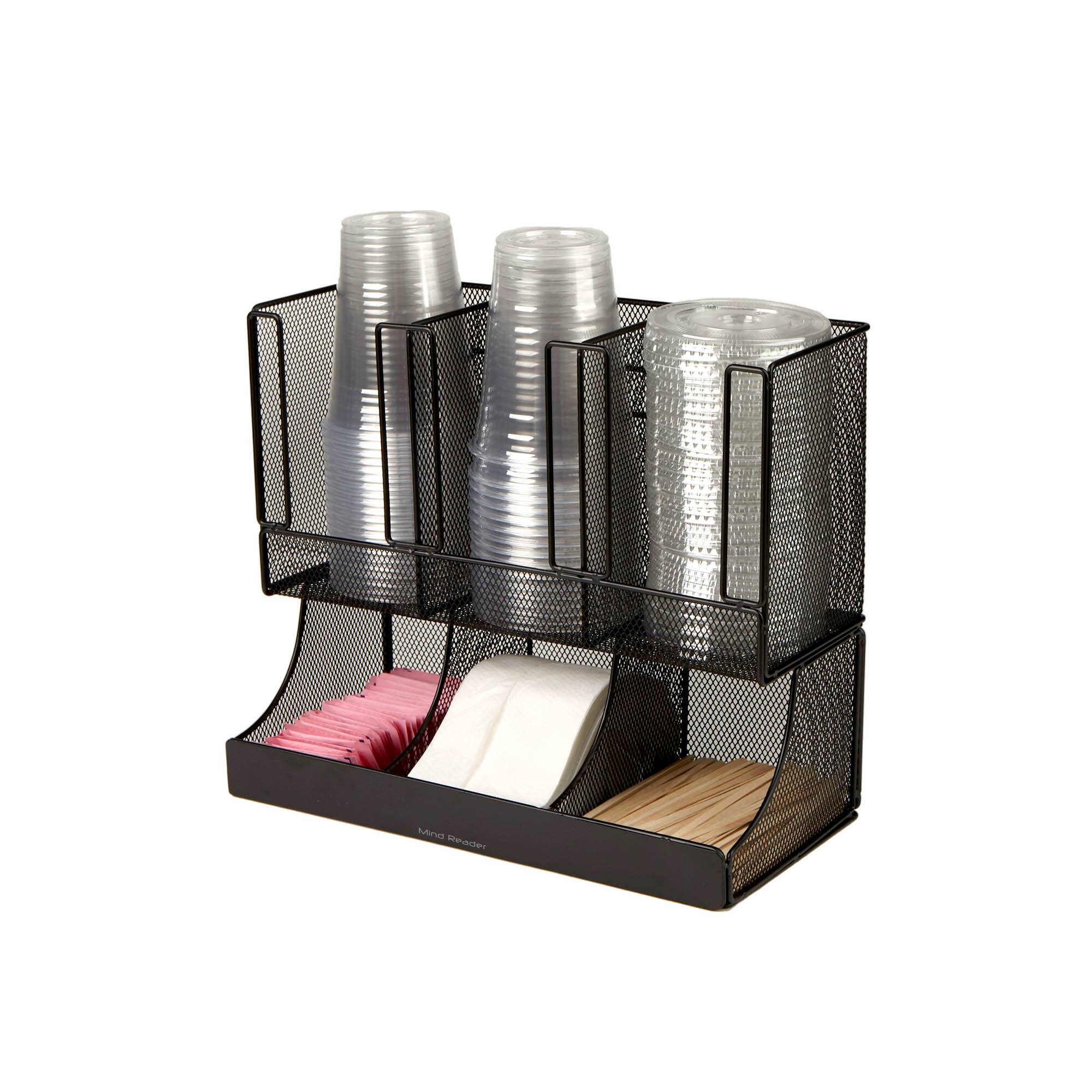 Mind Reader Black Metal Mesh 6 Compartment Upright Breakroom Coffee Condiment and Cup Storage Organizer